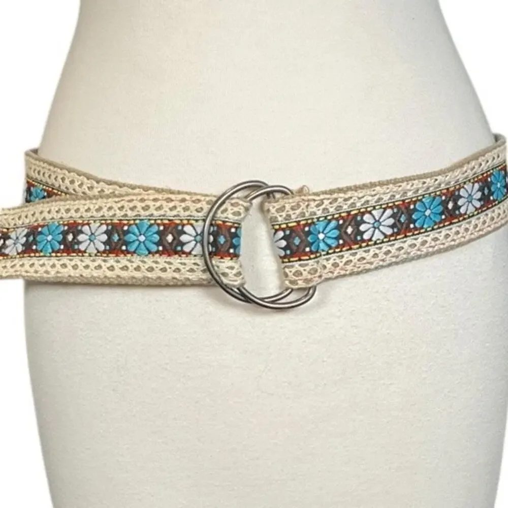 Y2K Boho Hippie Festival Belt Floral Embroidered O-Ring Crochet Retro Indie